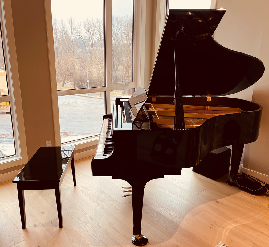 Used grand piano silhouetted against large floor-to-ceiling windows with natural light